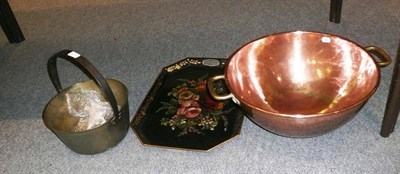 Lot 373 - Brass jam pan, copper and brass bowl, horse brasses, toleware tray