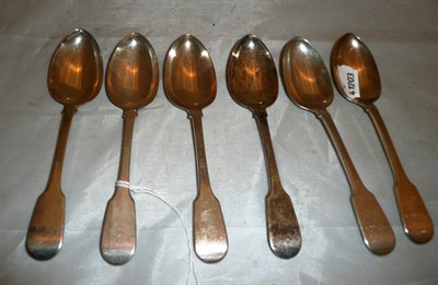 Lot 390 - Six silver fiddle pattern dessert spoons, 8.6oz