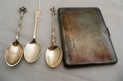 Lot 395 - Silver cigarette case and three silver spoons