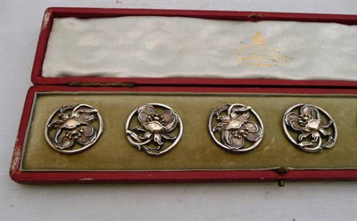 Lot 399 - A set of six Art Nouveau silver buttons, maker's mark 'R&W', cased