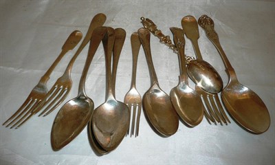 Lot 402 - Three silver forks, two spoons, five Continental spoons and a fork