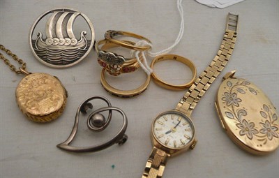 Lot 406 - Gold watch, pendants and assorted jewellery and four dress rings