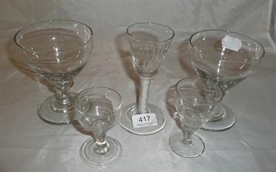 Lot 417 - 18th century cotton spiral twist wine glass, two rummers and two other glasses