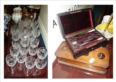 Lot 418 - A tray of drinking glasses two relief decorated jugs, a Waterloo Potteries china jug, two boxes and