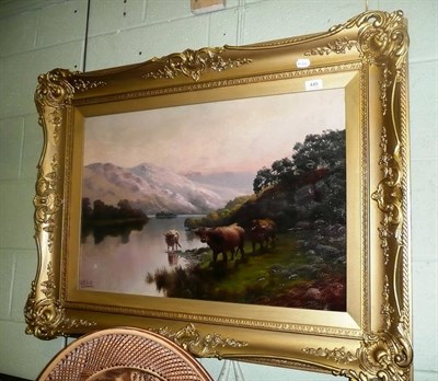 Lot 449 - H R Hall oil painting of highland cattle in a Scottish landscape