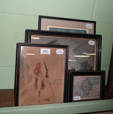 Lot 452 - Four small pictures - watercolour of a peg-legged gentleman, mail-coach print, framed map of...