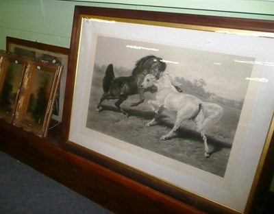 Lot 462 - Large black and white print entitled 'The Duel', a pair of framed oil paintings and a religious...