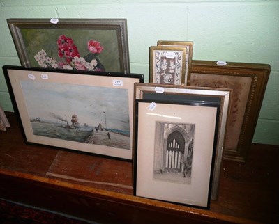 Lot 477 - Modern gilt framed oil, framed watercolour seascape, two Chinese silk work pictures another...