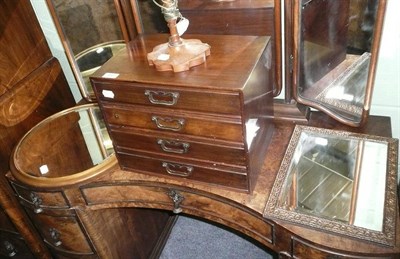 Lot 493 - A small chest of drawers, gilt circular mirror, brass framed mirror and an oak table lamp