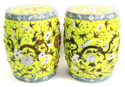 Lot 99 - A Pair of Chinese Porcelain Yellow Ground Garden Seats, 19th century, of barrel form pierced...