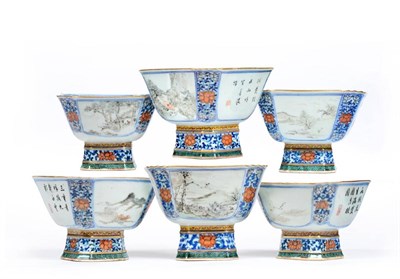Lot 101 - A Set of Six Chinese Porcelain Pedestal Bowls, Guangzhou, of canted rectangular form, painted...