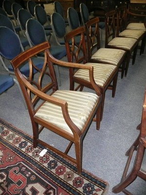 Lot 550 - Six Edwardian mahogany and tulip wood banded dining chairs