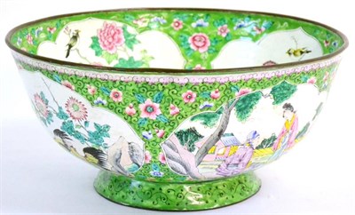 Lot 106 - A Canton Enamel Bowl, Qianlong, painted in famille rose enamels with panels of birds amongst...