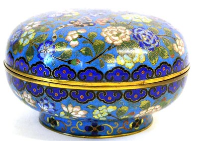 Lot 108 - A Chinese Cloisonne Circular Box and Cover, 19th century, decorated with butterflies, peonies...