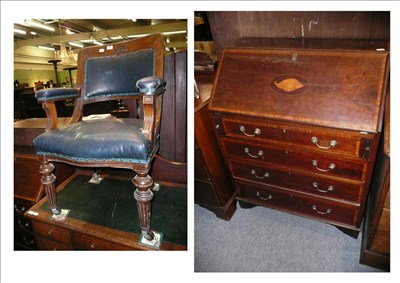 Lot 602 - Victorian carved oak elbow chair and Edwardian inlaid bureau