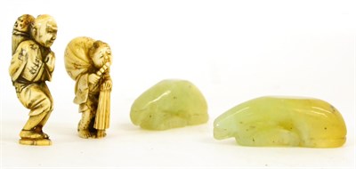 Lot 117 - A Pair of Chinese Jade Opium Measures, of anthropomorphic form, 5.5cm long; and Two Japanese...