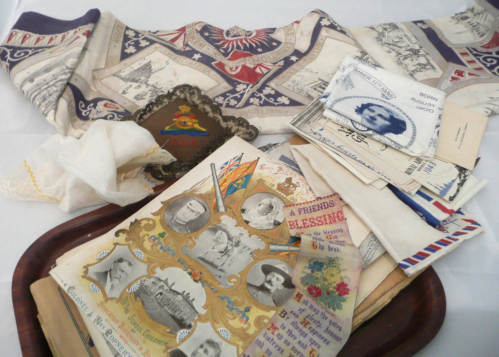 Lot 6 - Small quantity of militaria and ephemera including South African printed cotton panel, First...