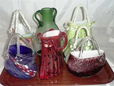 Lot 16 - Six Murano-style glass handbags and an art glass vase