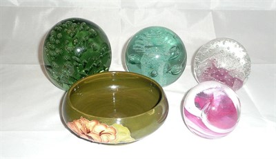 Lot 26 - Moorcroft bowl, Victorian dump and three paperweights