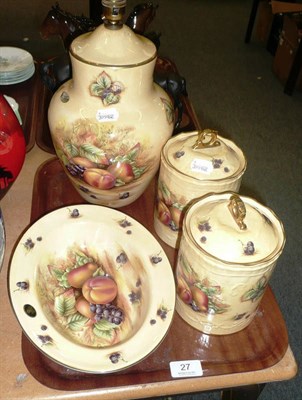 Lot 27 - Aynsley 'Gold Orchard' pattern table lamp, two storage jars and a bowl