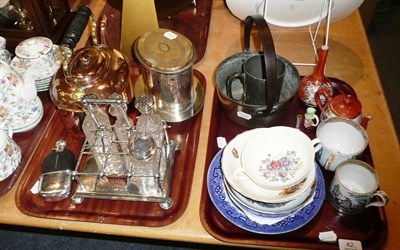 Lot 42 - Two trays of ceramics and metal wares including a plated biscuit box, a five bottle cruet,...