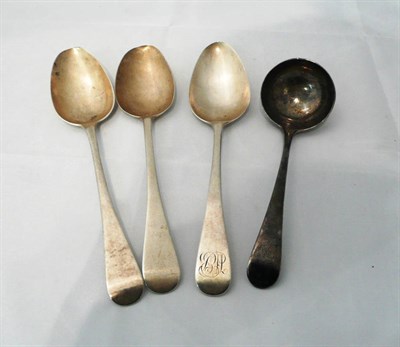 Lot 55 - A Georgian sauce ladle, three Old English pattern tablespoons (worn), 7.6oz approximate weight