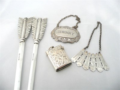 Lot 80 - A silver vesta case, a pair of plate meat skewers and two spirit labels