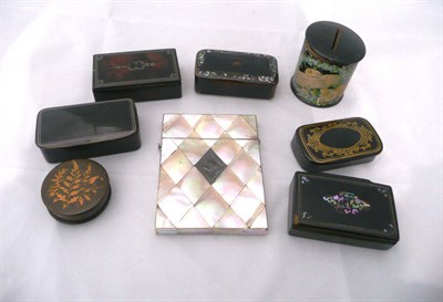 Lot 94 - Five papier mache snuff boxes, two small boxes, a money box and a mother of pearl card case