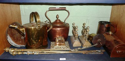Lot 112 - A copper kettle, a brass bottle jack, three fire irons, brass inkwell, a large copper...