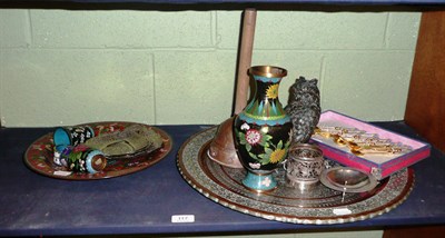 Lot 117 - A copper and white metal Eastern tray, white metal ashtray, plated wares, cloisonne wares etc