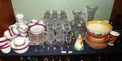 Lot 118 - A shelf of decorative ceramics and glass including a Wilkinson Honeyglaze pottery Chloris...