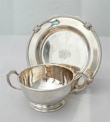 Lot 144 - A small double handled silver cup, a waiter, 10.4oz approximate weight