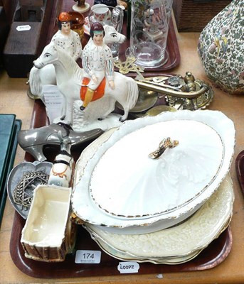 Lot 174 - Two buckles, a pin tray, a pair of Staffordshire figures, tureen, three plates etc