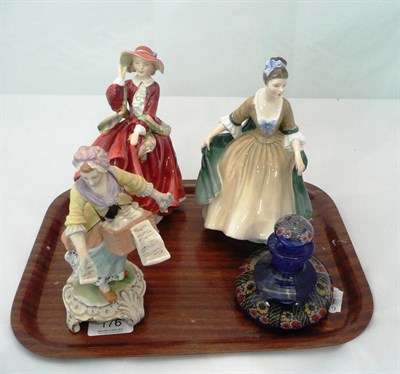 Lot 176 - A paperweight/ink bottle and stopper, two Royal Doulton figures - Elegance HN2264 and Top 'o...