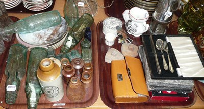 Lot 186 - Various cod bottles, stoneware bottles, Beswick bird, miners lamp, plated flatware etc