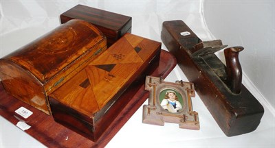 Lot 190 - A Mauchline ware box, a tea caddy, an inlaid box, a porcelain plaque and a box plane