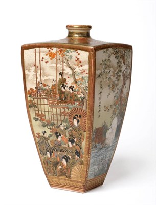 Lot 141 - A Satsuma Earthenware Vase, Meiji period, of square section baluster form, painted in colours...