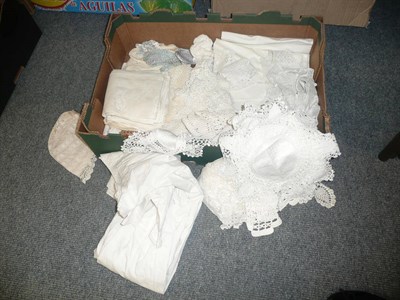 Lot 200 - Box of table linen, baby clothes and crocheted lace trim