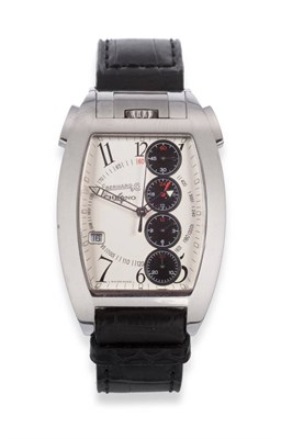 Lot 145 - A Stainless Steel Tonneau Shaped Automatic Calendar Chronograph Wristwatch with 24-hour Indication