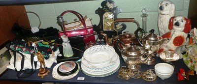 Lot 248 - Shelf of ceramics and ornamental items including Continental ribbon plates, EPNS three piece...