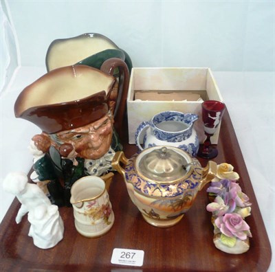 Lot 267 - A tray of ceramics including two Royal Doulton large character jugs, two Royal Doulton Dickens...