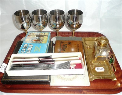 Lot 278 - Four Stuart Devlin designed goblets by Viners and tray of miscellaneous and box of books