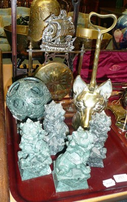 Lot 281 - A brass fox mask doorstop; a brass gong; two pairs of lion dogs and a puzzle ball and stand