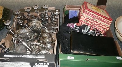 Lot 284 - Two boxes of silver plate including tea wares, flatware, candelabra; an embroidered shawl and a...