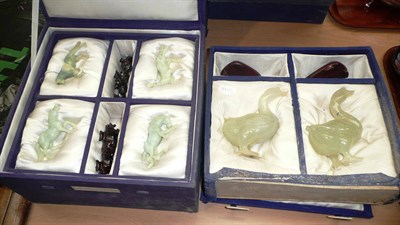 Lot 285 - Five cased sets of Jade carvings including animals, a figure etc