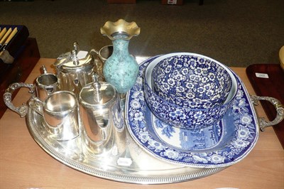 Lot 293 - Plated two handled tray and teapot, hot water jug, two milks, two sugars, two silver decanter...