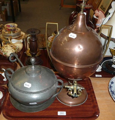 Lot 302 - A 19th century copper tea urn, 19th century newspapers, pewter soup tureen, cover, ladle and stand