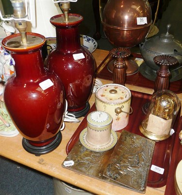 Lot 303 - Pair of lamps with shades, candlesticks, biscuit barrel, clock etc