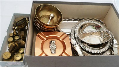 Lot 308 - A small silver dish, pair of silver pepperettes, white metal dishes, Victorian brass weights etc