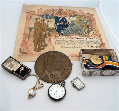 Lot 313 - Two World War I medals, a World War I death plaque, a silver pocket watch, a gold ring, a...